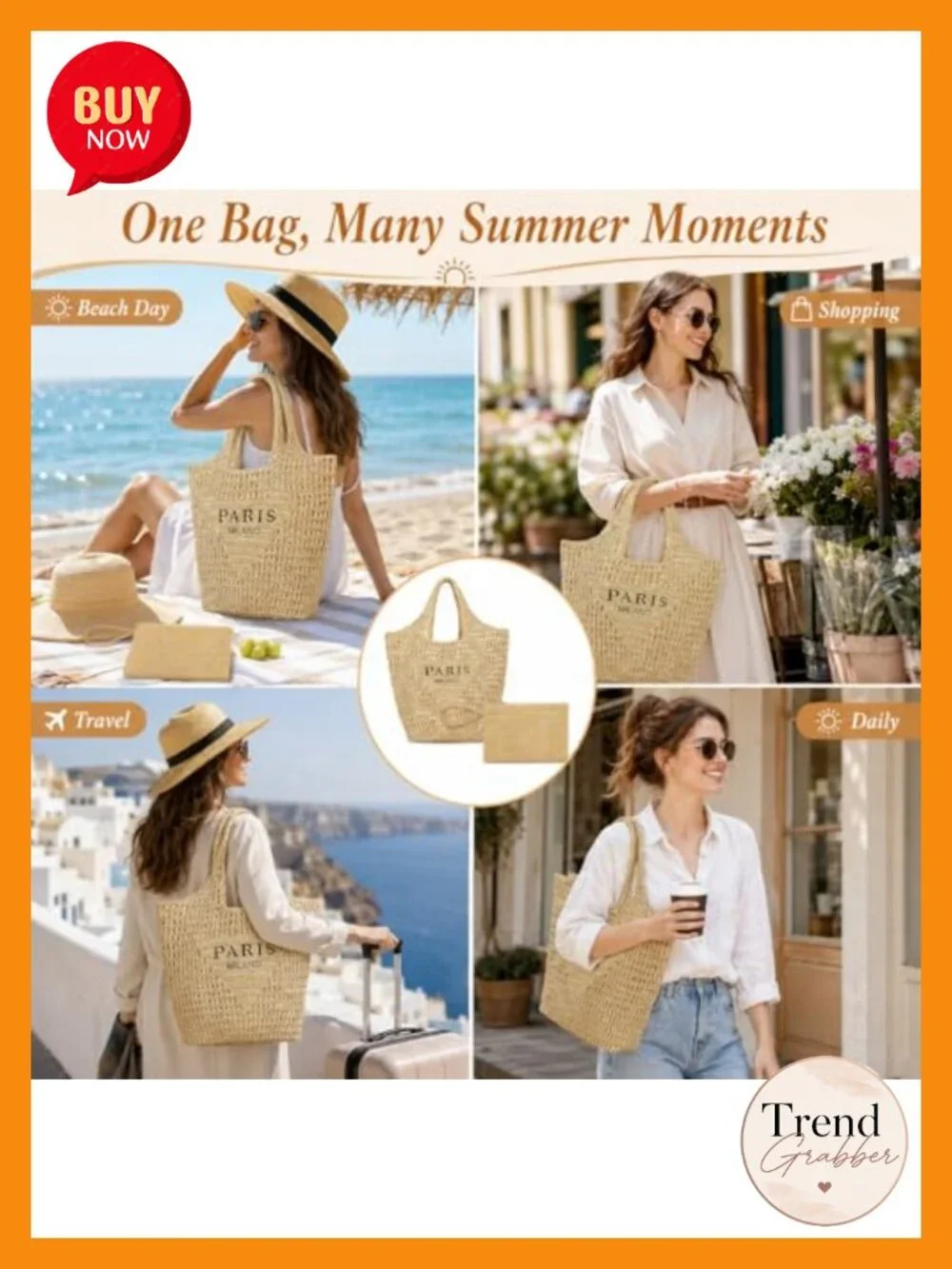 Straw Woven Hobo Shoulder Bag with Clutch - Beach Summer Tote